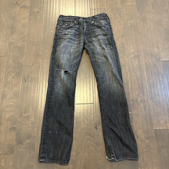True Religion Jeans Men 30x34 Black Ricky Distressed Flap Pockets Selvedge USA - Picture 5 of 16